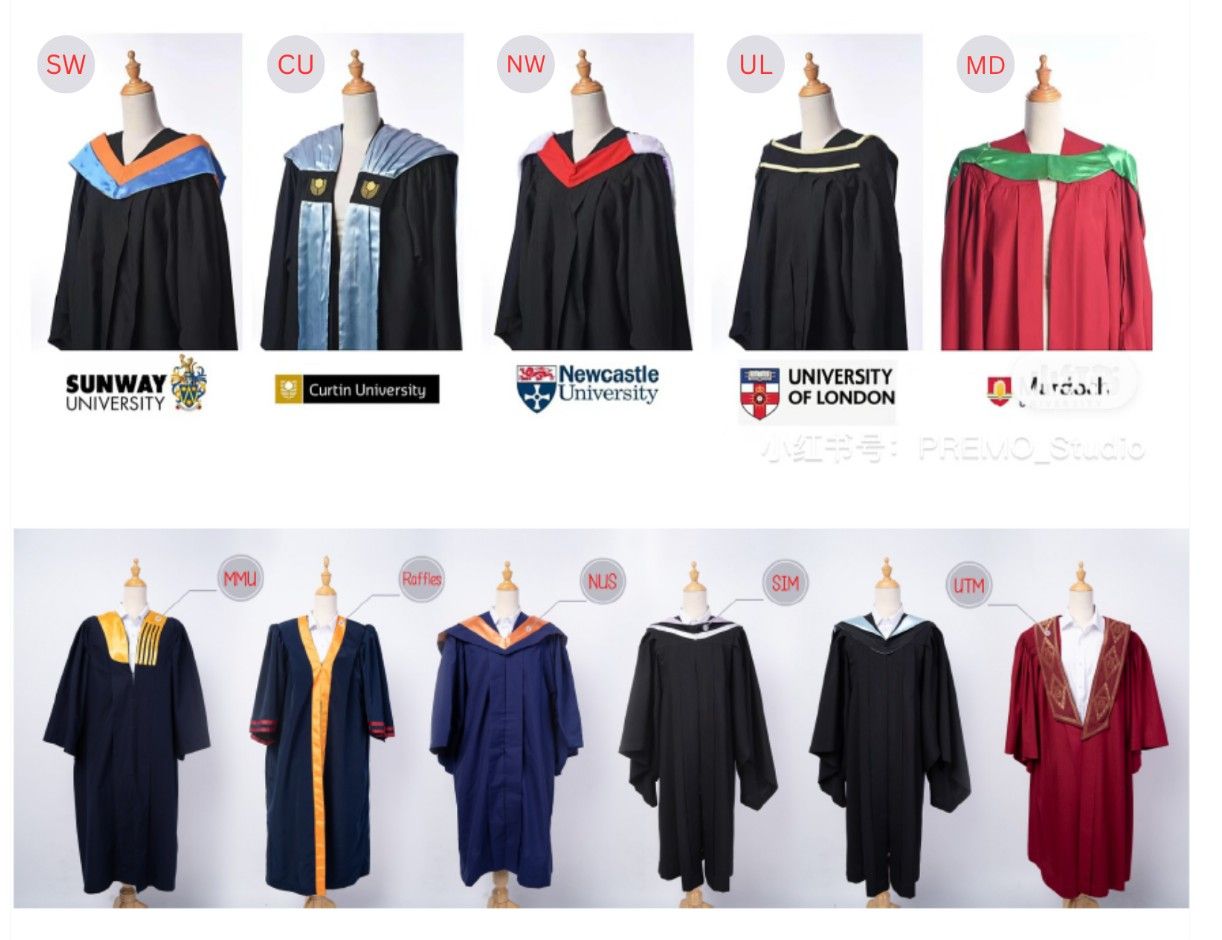Graduation gowns available at Premo Studio JB branch: Sunway University, Curtin University, Newcastle University, University of London, Murdoch University, plus MMU, Raffles, NUS, SIM and UTM styles