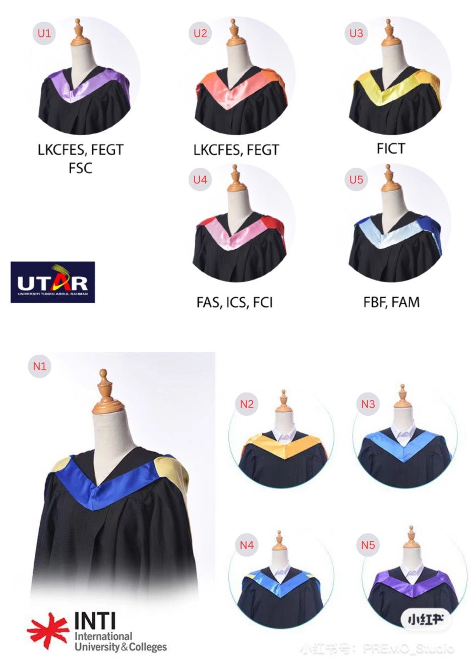 UTAR (Universiti Tunku Abdul Rahman) and INTI International University & Colleges graduation gowns available at Premo Studio, multiple faculty sash colors